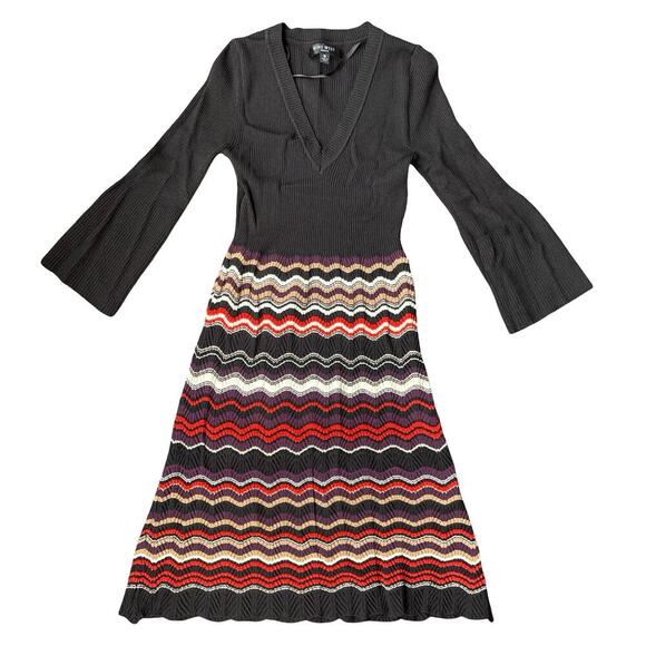 Nine West Black Multicolor Chevron Knit Sweater Dress Bell Sleeve V Neck Medium - Picture 2 of 10
